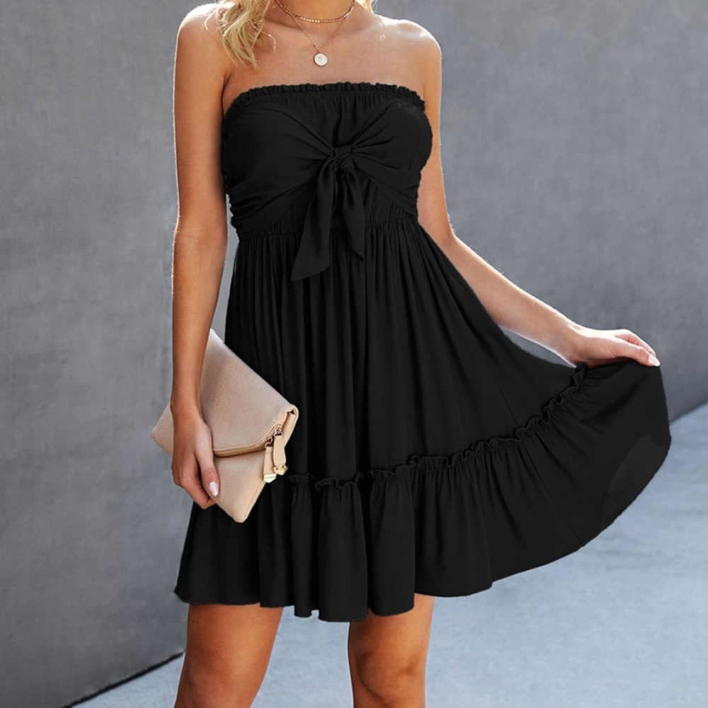 Boho Black Front Tie Ruffle Mini Dress